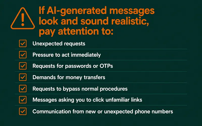 A minimalist checklist infographic on a dark green background titled "If AI-generated messages look and sound realistic, pay attention to:" in large orange text. A warning triangle icon appears beside the title. Below it, seven checklist items are displayed in white text, each marked with an orange checkmark icon. The list includes: unexpected requests, pressure to act immediately, requests for passwords or OTPs, demands for money transfers, requests to bypass normal procedures, messages asking users to click unfamiliar links, and communication from new or unexpected phone numbers. Thin divider lines separate each item, creating a clean and easy-to-read layout focused on helping readers identify potential AI-enabled scams and phishing attempts.